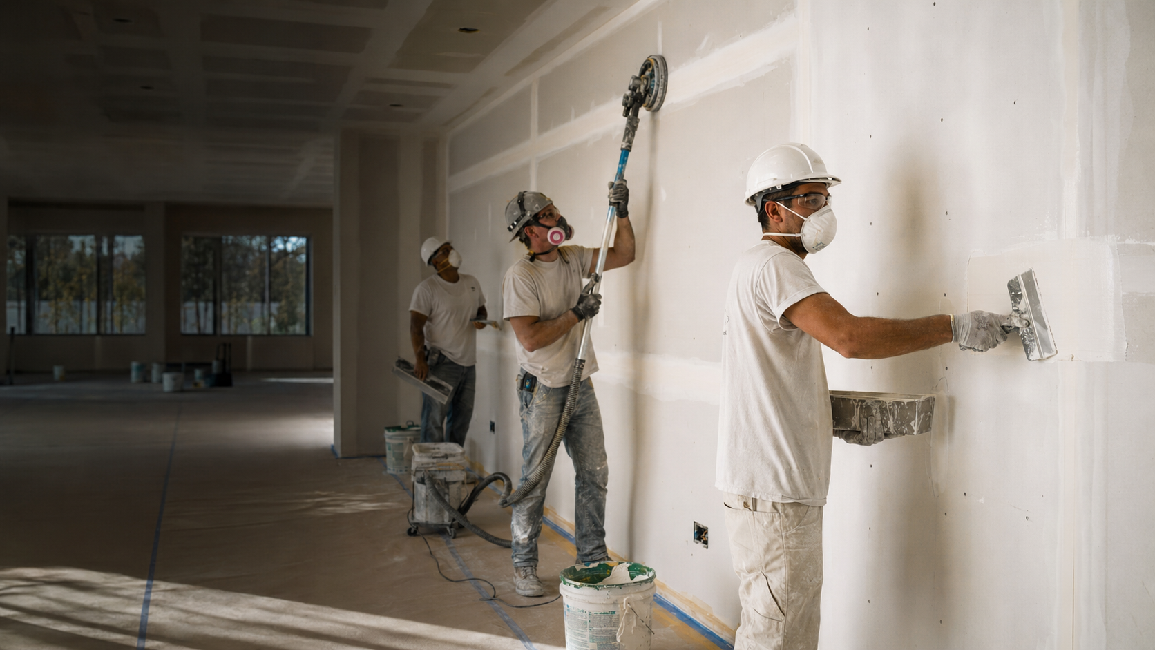 Professional drywall finishers completing an interior construction project